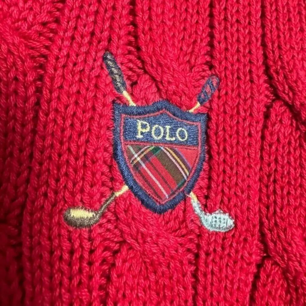 Polo By Ralph Lauren Large Red Cable Knit Vest Golf Club Crest 100% Cotton VTG - Picture 3 of 6